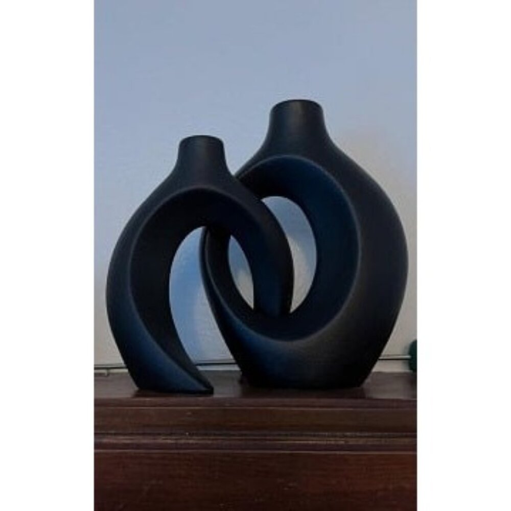 New XL Black Ceramic Vase Set of 2 for Modern Home Decor, Neutral Boho Round